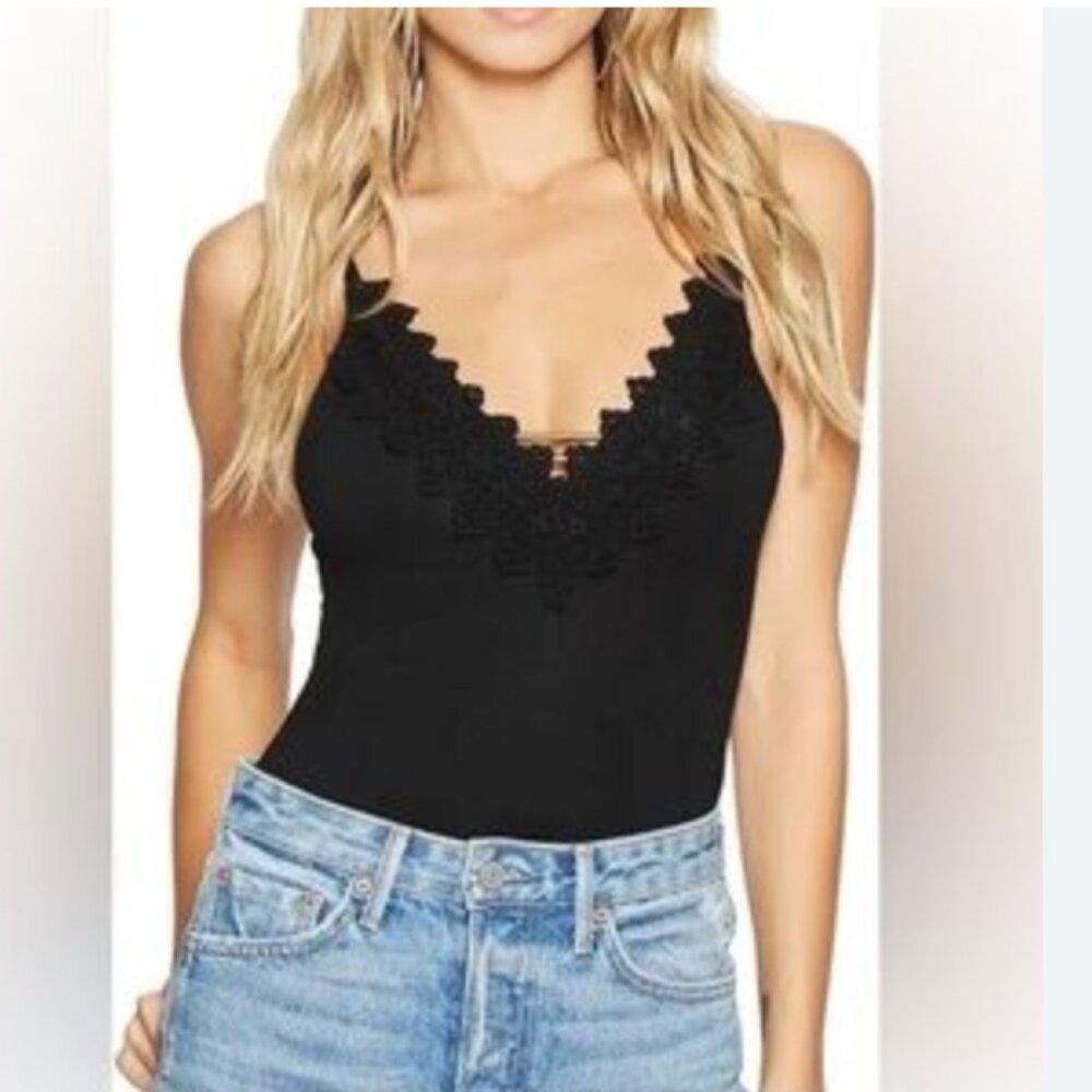 Free People Black‎ Lace Trim Bodysuit Size S